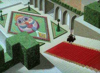 Movie still from “The King and the Mockingbird” (1980), directed by Paul Grimault – A painting of a man sitting in front of a mural; Extreme Wide shot, High angle