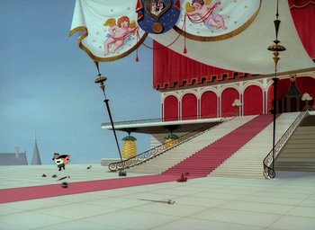 Movie still from “The King and the Mockingbird” (1980), directed by Paul Grimault – A stage with stairs leading up to it and a balcony; Extreme Wide shot, High angle