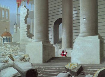 Movie still from “The King and the Mockingbird” (1980), directed by Paul Grimault – A painting of a castle with a man on the stairs; Extreme Wide shot, Low angle