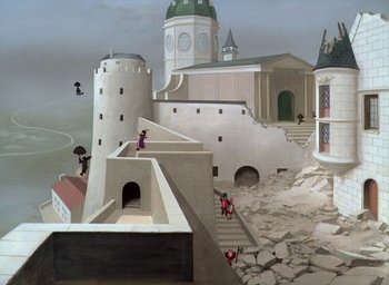 Movie still from “The King and the Mockingbird” (1980), directed by Paul Grimault – A painting of people walking around a castle; Extreme Wide shot, High angle