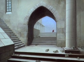Movie still from “The King and the Mockingbird” (1980), directed by Paul Grimault – A painting of an entrance to a building with steps leading to it; Extreme Wide shot, Low angle