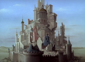 Movie still from “The King and the Mockingbird” (1980), directed by Paul Grimault – An artistic rendering of a castle with a castle on it's side; Extreme Wide shot, Low angle