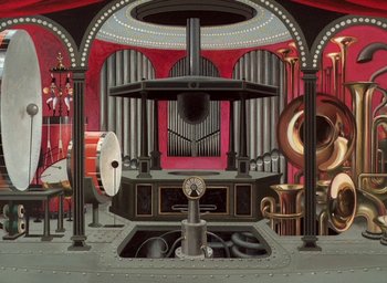 Movie still from “The King and the Mockingbird” (1980), directed by Paul Grimault – An artistic rendering of an organ in a theater; Extreme Wide shot, Low angle