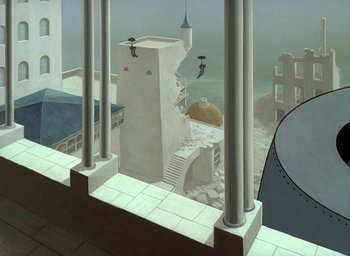 Movie still from “The King and the Mockingbird” (1980), directed by Paul Grimault – A painting of a city with a tower and a building; Extreme Wide shot, Low angle