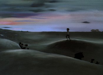 Movie still from “The King and the Mockingbird” (1980), directed by Paul Grimault – A group of people sitting on top of a sandy hill; Extreme Wide shot, Low angle