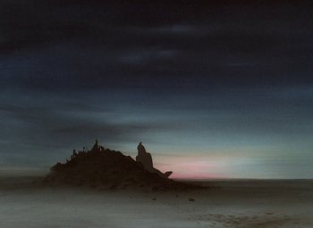Movie still from “The King and the Mockingbird” (1980), directed by Paul Grimault – A large rock sitting on top of a sandy beach at night; Extreme Wide shot, Low angle