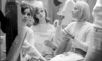 Movie still from “The Knack... and How to Get It” (1965), directed by Richard Lester – A black and white photo of a group of women; Medium shot, Low angle
