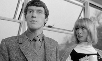 Movie still from “The Knack... and How to Get It” (1965), directed by Richard Lester – A black and white photo of a man and a woman; Close Up shot, Low angle