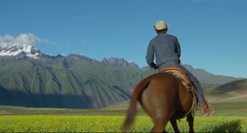 Movie still from “The Last Movie” (1971), directed by Dennis Hopper – A man riding a horse through a field of yellow flowers; Wide shot, Low angle