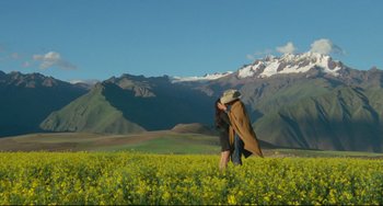 Movie still from “The Last Movie” (1971), directed by Dennis Hopper – A man and a woman kissing in a field of yellow flowers; Extreme Wide shot, Low angle