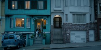 Movie still from “Always Be My Maybe” (2019), directed by Nahnatchka Khan – Two people are walking down the steps of a house; Extreme Wide shot, High angle
