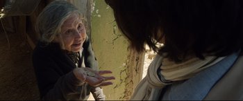 Movie still from “The Man Who Killed Don Quixote” (2018), directed by Terry Gilliam – An older woman talking to a younger woman outside; Close Up shot, Over the shoulder angle
