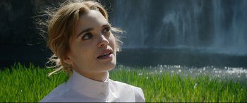 Movie still from “The Man Who Killed Don Quixote” (2018), directed by Terry Gilliam – A beautiful young lady wearing a white shirt; Close Up shot, Low angle