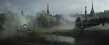 Movie still from “The Mandalorian” (2019), created by Jon Favreau – An image of an image that is very realistic; Extreme Wide shot, Low angle