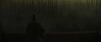 Movie still from “The Mandalorian” (2019), created by Jon Favreau – A person in a dark room with trees in the background; Extreme Wide shot, Over the shoulder angle
