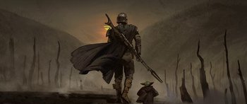 Movie still from “The Mandalorian” (2019), created by Jon Favreau – A painting of a person holding a weapon and a baby yoda; Medium shot, Over the shoulder angle