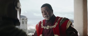 Movie still from “The Mandalorian” (2019), created by Jon Favreau – Close Up shot, Over the shoulder angle