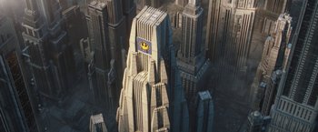 Movie still from “The Mandalorian” (2019), created by Jon Favreau – An aerial view of a building with a flag on it; Extreme Wide shot, Overhead angle