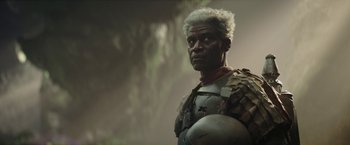 Movie still from “The Mandalorian” (2019), created by Jon Favreau – Close Up shot, Over the shoulder angle