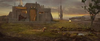 Movie still from “The Mandalorian” (2019), created by Jon Favreau – A painting of an abandoned building in the middle of a field; Extreme Wide shot, Low angle