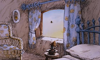 Movie still from “The Many Adventures of Winnie the Pooh” (1977), directed by John Lounsbery – A drawing of a room with a bee flying in the window; Wide shot, Low angle
