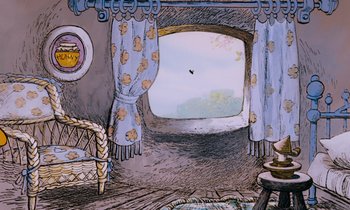 Movie still from “The Many Adventures of Winnie the Pooh” (1977), directed by John Lounsbery – An artistic drawing of a room with a view of the sky; Wide shot, High angle