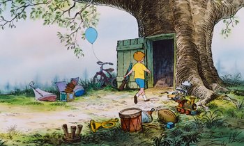Movie still from “The Many Adventures of Winnie the Pooh” (1977), directed by John Lounsbery – A painting of a boy playing with a balloon; Extreme Wide shot, Low angle