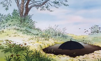 Movie still from “The Many Adventures of Winnie the Pooh” (1977), directed by John Lounsbery – A painting of an umbrella in a puddle; Extreme Wide shot, High angle