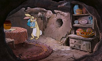 Movie still from “The Many Adventures of Winnie the Pooh” (1977), directed by John Lounsbery – An illustration of a rabbit in a cave; Wide shot, High angle