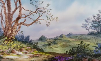 Movie still from “The Many Adventures of Winnie the Pooh” (1977), directed by John Lounsbery – A painting of a field with a tree in the foreground; Extreme Wide shot, Low angle
