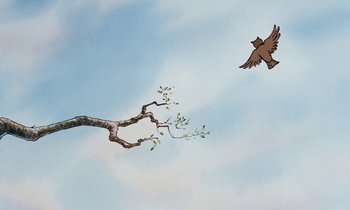 Movie still from “The Many Adventures of Winnie the Pooh” (1977), directed by John Lounsbery – A bird flying in the sky above a tree branch; Extreme Wide shot, Low angle