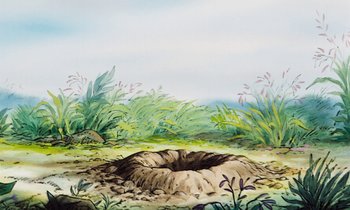 Movie still from “The Many Adventures of Winnie the Pooh” (1977), directed by John Lounsbery – An illustration of a hole in the ground; Wide shot, High angle