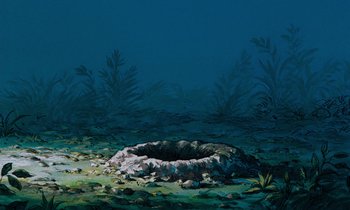 Movie still from “The Many Adventures of Winnie the Pooh” (1977), directed by John Lounsbery – An image of an underwater scene with a hole in the ground; Extreme Wide shot, High angle