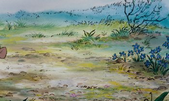 Movie still from “The Many Adventures of Winnie the Pooh” (1977), directed by John Lounsbery – A painting of an open field with flowers in the foreground; Extreme Close Up shot, High angle