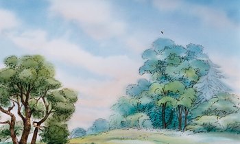 Movie still from “The Many Adventures of Winnie the Pooh” (1977), directed by John Lounsbery – A painting of trees and a field with a bird flying in the sky; Extreme Close Up shot, Low angle