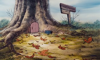 Movie still from “The Many Adventures of Winnie the Pooh” (1977), directed by John Lounsbery – An image of a tree with leaves on the ground; Wide shot, Low angle