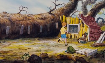 Movie still from “The Many Adventures of Winnie the Pooh” (1977), directed by John Lounsbery – A painting of a boy running in the dirt; Wide shot, High angle