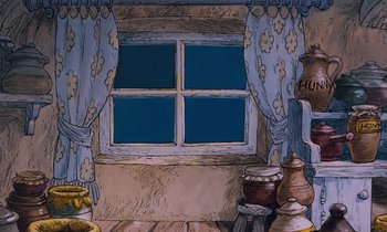 Movie still from “The Many Adventures of Winnie the Pooh” (1977), directed by John Lounsbery – An artistic drawing of a window with blue curtains; Wide shot, High angle