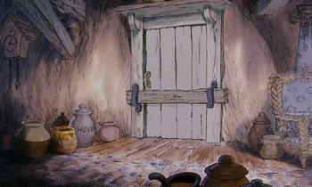 Movie still from “The Many Adventures of Winnie the Pooh” (1977), directed by John Lounsbery – An illustration of an open door in a room; Wide shot, High angle