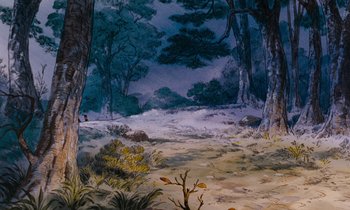 Movie still from “The Many Adventures of Winnie the Pooh” (1977), directed by John Lounsbery – A painting of trees and bushes in the woods; Extreme Wide shot, High angle