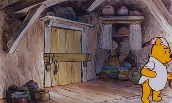 Movie still from “The Many Adventures of Winnie the Pooh” (1977), directed by John Lounsbery – An illustration of a room with pots and a wooden door; Wide shot, Low angle