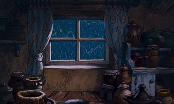 Movie still from “The Many Adventures of Winnie the Pooh” (1977), directed by John Lounsbery – An illustration of a room with a large window; Wide shot, High angle