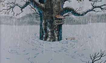 Movie still from “The Many Adventures of Winnie the Pooh” (1977), directed by John Lounsbery – A painting of a tree in the middle of a body of water; Extreme Wide shot, Low angle