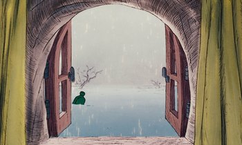 Movie still from “The Many Adventures of Winnie the Pooh” (1977), directed by John Lounsbery – An illustration of an open door leading to a pond; Extreme Wide shot, High angle