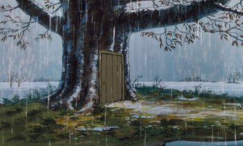 Movie still from “The Many Adventures of Winnie the Pooh” (1977), directed by John Lounsbery – A painting of an open door in the middle of a forest; Extreme Wide shot, Low angle
