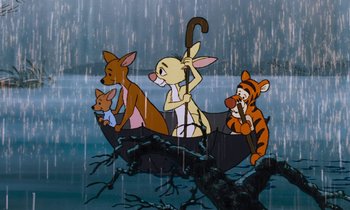 Movie still from “The Many Adventures of Winnie the Pooh” (1977), directed by John Lounsbery – A group of cartoon characters sitting in a boat in the rain; Wide shot, High angle