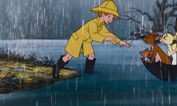 Movie still from “The Many Adventures of Winnie the Pooh” (1977), directed by John Lounsbery – A boy in a yellow raincoat and black rain boots; Wide shot, High angle