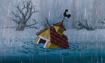 Movie still from “The Many Adventures of Winnie the Pooh” (1977), directed by John Lounsbery – A cartoon of a house in the middle of a flooded area; Extreme Wide shot, High angle