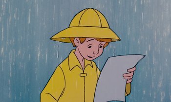 Movie still from “The Many Adventures of Winnie the Pooh” (1977), directed by John Lounsbery – A cartoon of a boy wearing a hat and holding a sheet of paper; Close Up shot, High angle