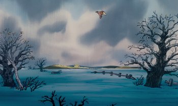 Movie still from “The Many Adventures of Winnie the Pooh” (1977), directed by John Lounsbery – A bird flying over a body of water; Extreme Wide shot, Low angle
